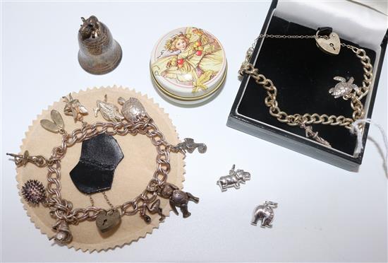 Silver-mounted scent bottle and funnel, silver charm bracelet, charms and bangles (all cased) and sundry items